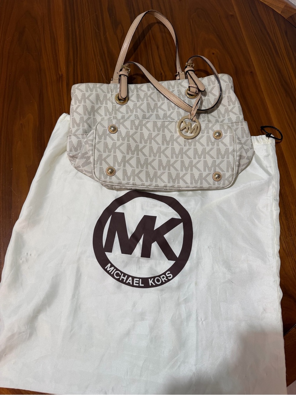 Michael Kors Light Beige & White MK Logo Shoulder Tote